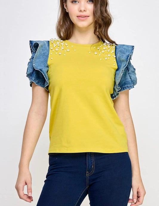 Denim Top with Floral Sleeves